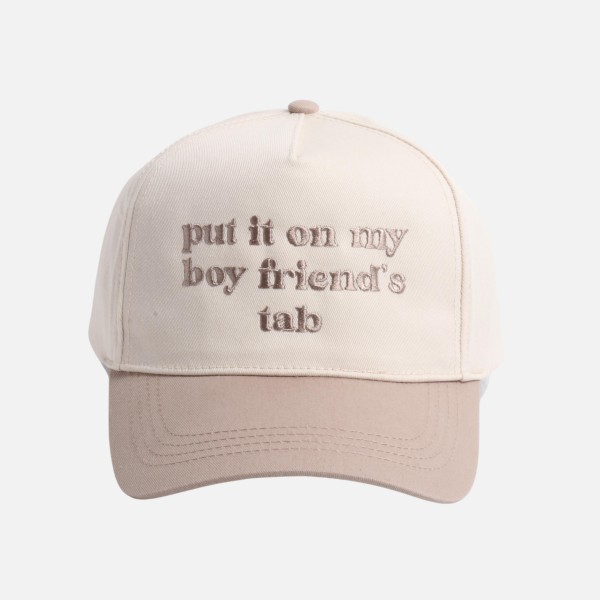 "put it on my boy friend's tab" Embroidered Two Tone Baseball Cap

- One Size Fits Most
- Snap Back Closure
- 100% Cotton