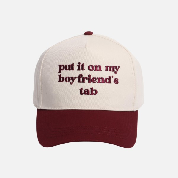 "put it on my boy friend's tab" Embroidered Two Tone Baseball Cap

- One Size Fits Most
- Snap Back Closure
- 100% Cotton