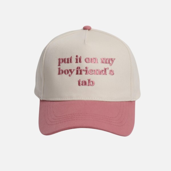 "put it on my boy friend's tab" Embroidered Two Tone Baseball Cap

- One Size Fits Most
- Snap Back Closure
- 100% Cotton