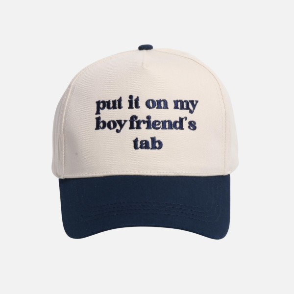 "put it on my boy friend's tab" Embroidered Two Tone Baseball Cap

- One Size Fits Most
- Snap Back Closure
- 100% Cotton