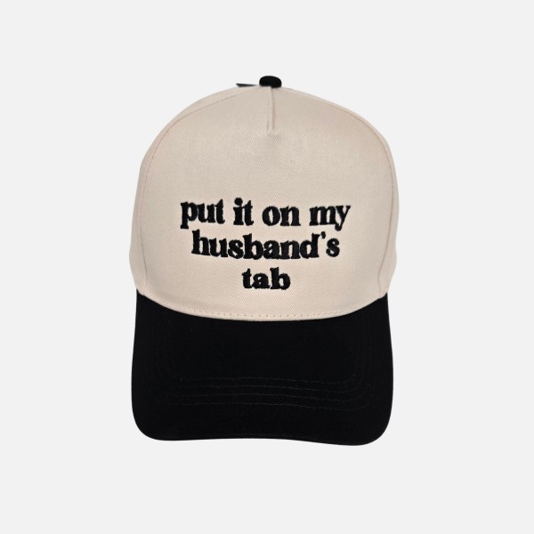 "put it on my husband's tab" Embroidered Two Tone Baseball Cap

- One Size Fits Most
- Snap Back Closure
- 100% Cotton