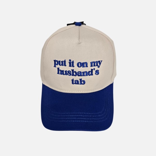 "put it on my husband's tab" Embroidered Two Tone Baseball Cap

- One Size Fits Most
- Snap Back Closure
- 100% Cotton