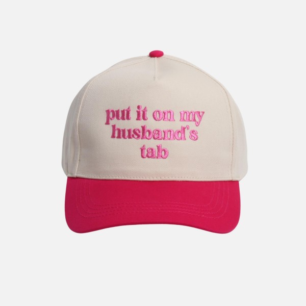 "put it on my husband's tab" Embroidered Two Tone Baseball Cap

- One Size Fits Most
- Snap Back Closure
- 100% Cotton
