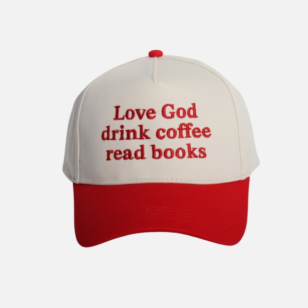 "Love God drink coffee read books" Embroidered Two Tone Baseball Cap

- One Size Fits Most
- Snap Back Closure
- 100% Cotton