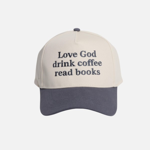 "Love God drink coffee read books" Embroidered Two Tone Baseball Cap

- One Size Fits Most
- Snap Back Closure
- 100% Cotton