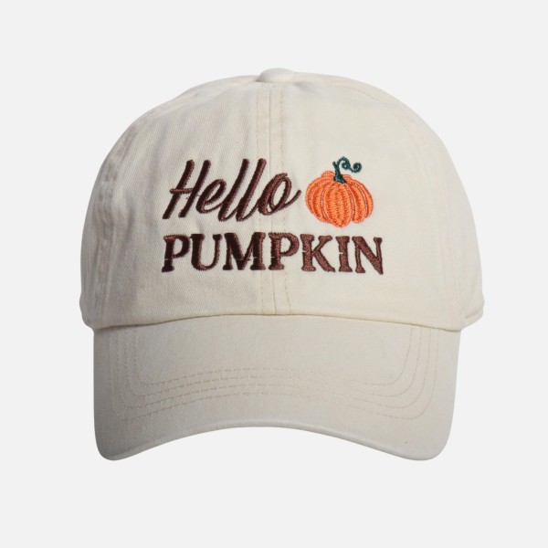 "Hello PUMPKIN" Embroidered Baseball Cap

- One Size Fits Most
- Slide Buckle Adjustment
- 100% Cotton