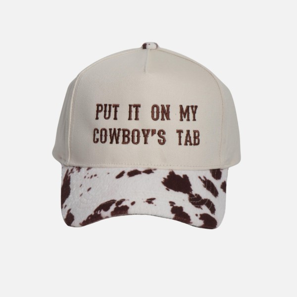 "PUT IT ON MY COWBOY'S TAB" Embroidered Two Tone Faux Cow Fur Baseball Cap

- One Size Fits Most
- Snap Back Closure
- 100% Cotton