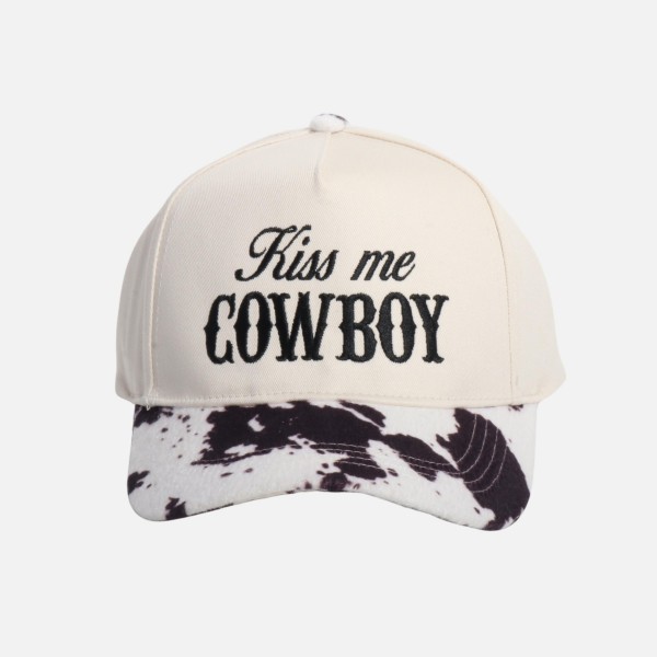 "Kiss me COWBOY" Embroidered Two Tone Faux Cow Fur Baseball Cap

- One Size Fits Most
- Snap Back Closure
- 100% Cotton