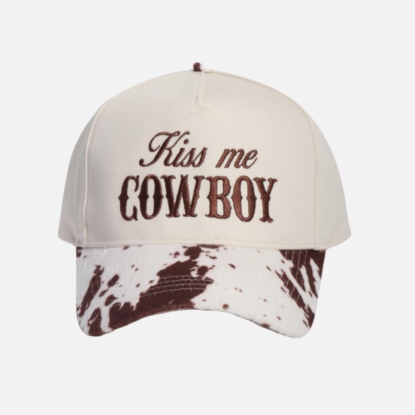 "Kiss me COWBOY" Embroidered Two Tone Faux Cow Fur Baseball Cap

- One Size Fits Most
- Snap Back Closure
- 100% Cotton