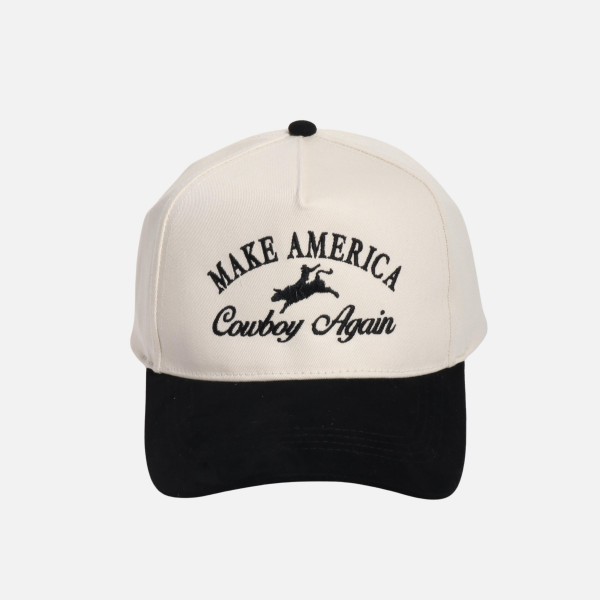 "MAKE AMERICA Cowboy Aain" Embroidered Two Tone Faux Suede Bill Baseball Cap

- One Size Fits Most 
- Snap Back Closure 
- 100% Cotton
