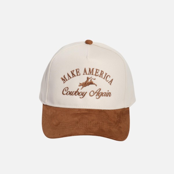 "MAKE AMERICA Cowboy Aain" Embroidered Two Tone Faux Suede Bill Baseball Cap

- One Size Fits Most 
- Snap Back Closure 
- 100% Cotton