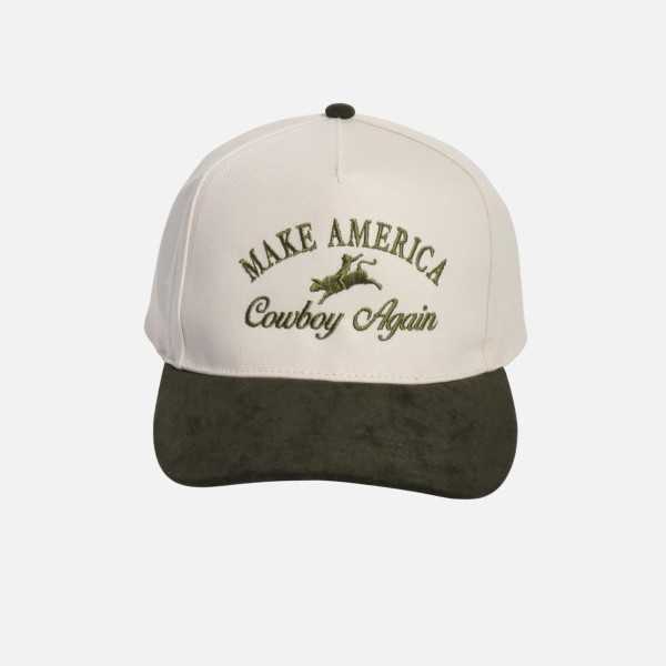 "MAKE AMERICA Cowboy Aain" Embroidered Two Tone Faux Suede Bill Baseball Cap

- One Size Fits Most 
- Snap Back Closure 
- 100% Cotton