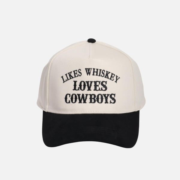 "LIKES WHISKEY LOVES COWBOYS" Embroidered Two Tone Faux Suede Bill Baseball Cap

- One Size Fits Most
- Snap Back Closure
- 100% Cotton