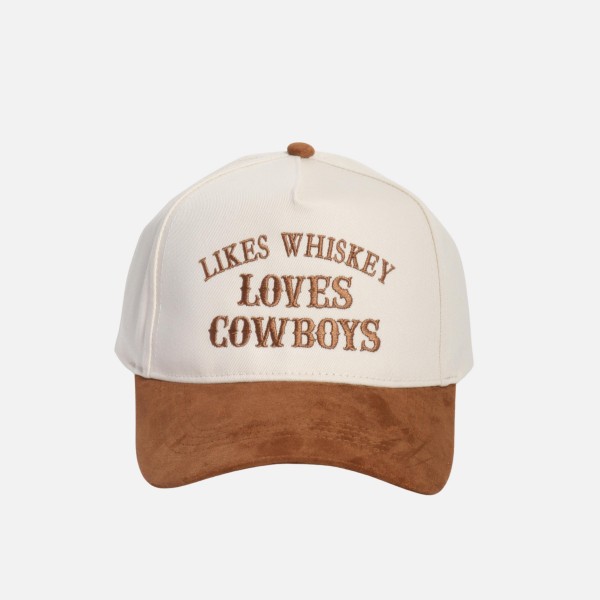 "LIKES WHISKEY LOVES COWBOYS" Embroidered Two Tone Faux Suede Bill Baseball Cap

- One Size Fits Most
- Snap Back Closure
- 100% Cotton