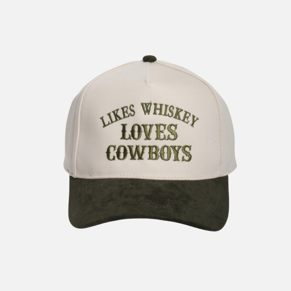 "LIKES WHISKEY LOVES COWBOYS" Embroidered Two Tone Faux Suede Bill Baseball Cap

- One Size Fits Most
- Snap Back Closure
- 100% Cotton