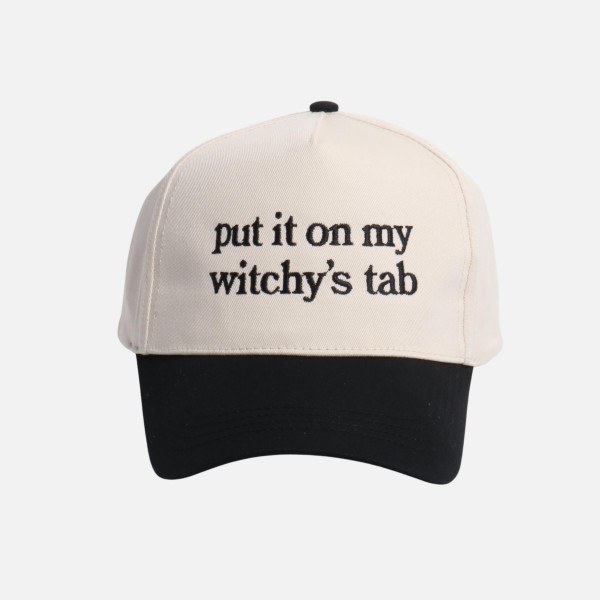 "put it on my witchy's tab" Embroidered Two Tone Baseball Cap

- One Size Fits Most
- Snap Back Closure
- 100% Cotton