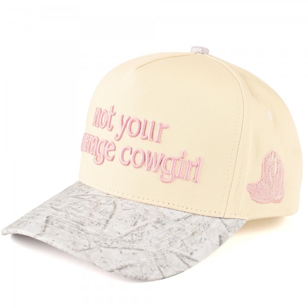 TCM0063
"not your average cowgirl" Embroidered Two Tone Camo Baseball Cap

- One Size Fits Most
- Snap Back Closure
- 100% Cotton