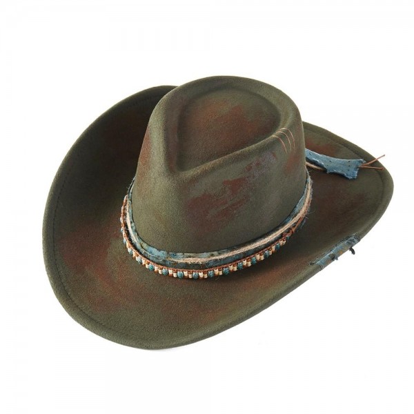 Rustic Cowgirl & Fedora Hat With Distressed Fabric & Beaded Band - Versatile & Shapeable - One Size - 100% Polyester view 5