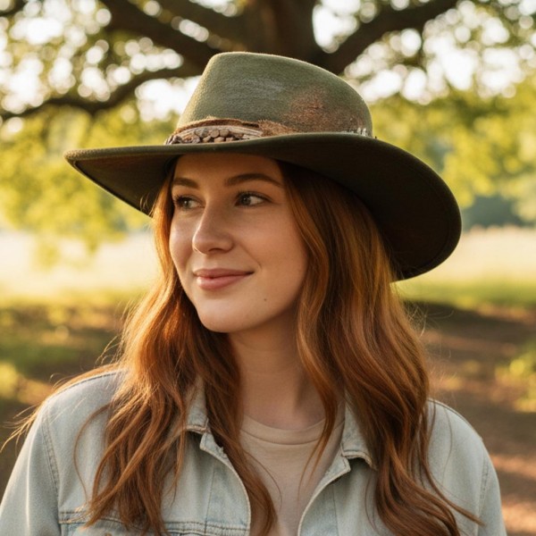 Rustic Cowgirl & Fedora Hat With Distressed Fabric & Wood Beaded Band

- Versatile & Shapeable
- One Size
- 100% Polyester