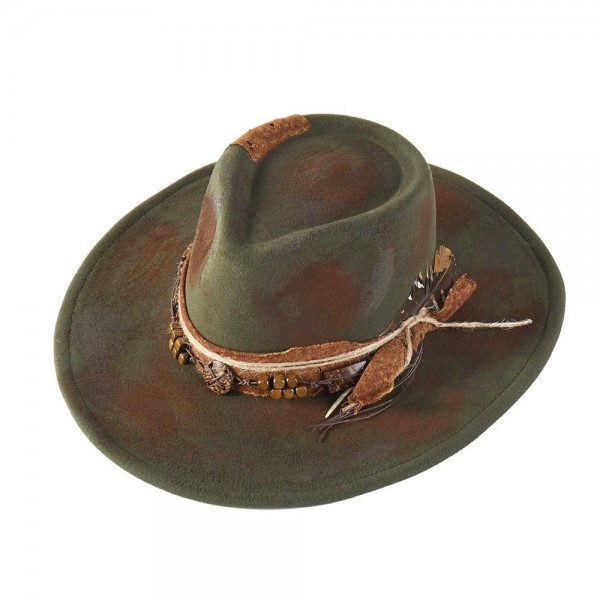 Rustic Cowgirl & Fedora Hat With Distressed Fabric & Wood Beaded Band - Versatile & Shapeable - One Size - 100% Polyester view 5