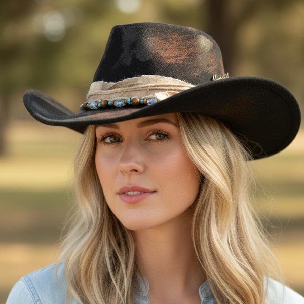 Rustic Cowgirl & Fedora Hat With Distressed Fabric & Beaded Band

- Versatile & Shapeable
- One Size
- 100% Polyester