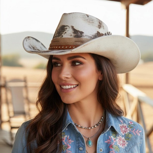 Rustic Cowgirl & Fedora Hat With Distressed Fabric & Metal Tone Studded Band

- Versatile & Shapeable
- One Size
- 100% Polyester