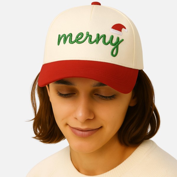 "merry" 3D Embroidered Two Tone Baseball Cap

- One Size Fits Most
- Snap Back Closure
- 100% Cotton