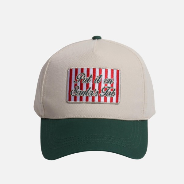 "Put It On Santa's Tab" Embroidered Striped Patch Two Tone Baseball Cap

- One Size Fits Most
- Snap Back Closure
- 100% Cotton
