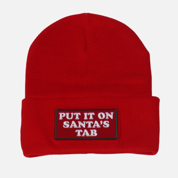 'Put It On Santa's Tab' Embroidered Patch Knit Cuffed Beanie

- One Size Fits Most
- 100% Acrylic