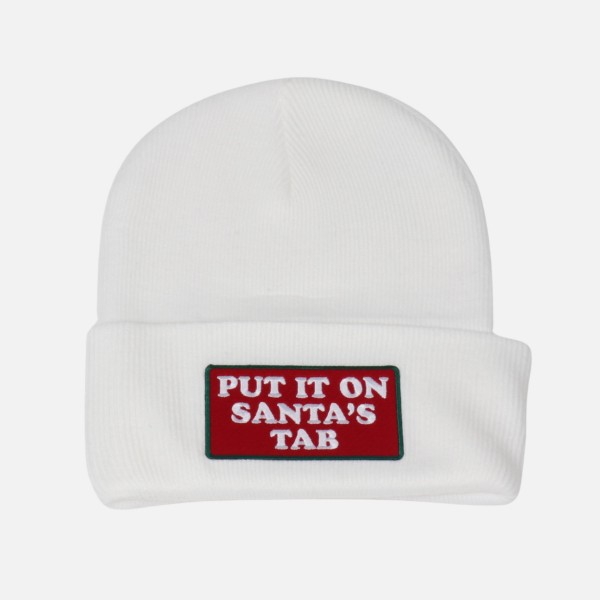 'Put It On Santa's Tab' Embroidered Patch Knit Cuffed Beanie

- One Size Fits Most
- 100% Acrylic