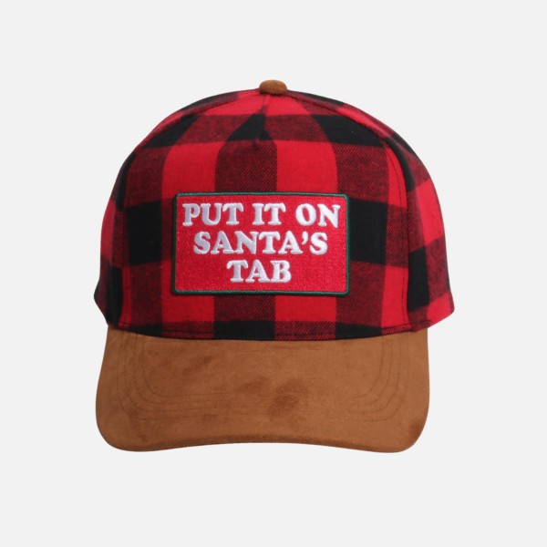 "Put It On Santa's Tab" Embroidered Patch Plaid Baseball Cap

- One Size Fits Most
- Snap Back Closure
- 100% Cotton