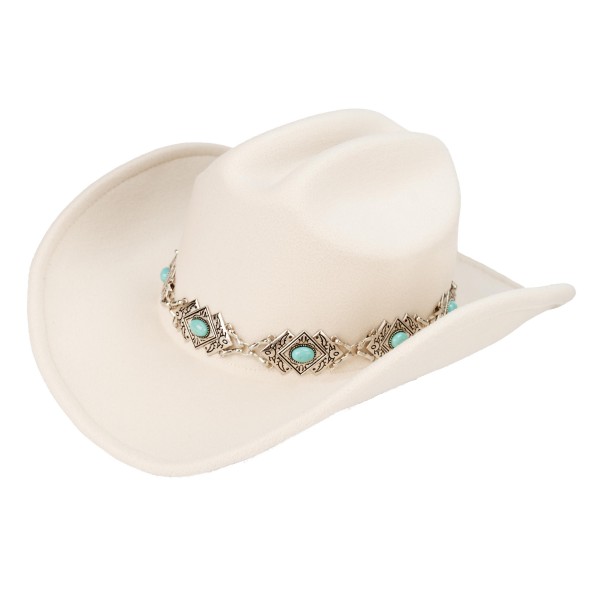 C.C VCC0089
Felt Cowboy Hat With Silver & Turquoise Band 

- One Size Fits Most (Internal Drawstring Adjustable)
- 100% Polyester
- Brim Approximately 3" L