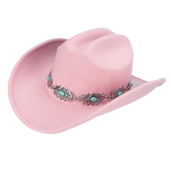 C.C VCC0089
Felt Cowboy Hat With Silver & Turquoise Band 

- One Size Fits Most (Internal Drawstring Adjustable)
- 100% Polyester
- Brim Approximately 3" L