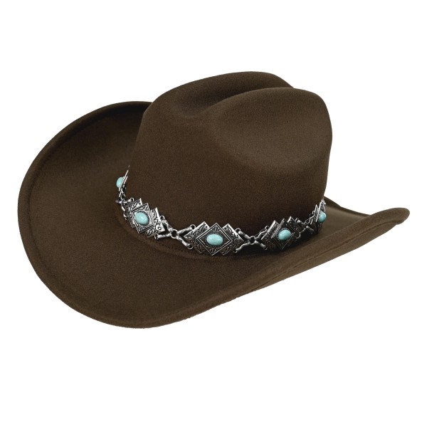 C.C VCC0089
Felt Cowboy Hat With Silver & Turquoise Band 

- One Size Fits Most (Internal Drawstring Adjustable)
- 100% Polyester
- Brim Approximately 3" L