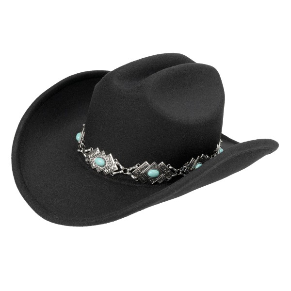C.C VCC0089
Felt Cowboy Hat With Silver & Turquoise Band 

- One Size Fits Most (Internal Drawstring Adjustable)
- 100% Polyester
- Brim Approximately 3" L