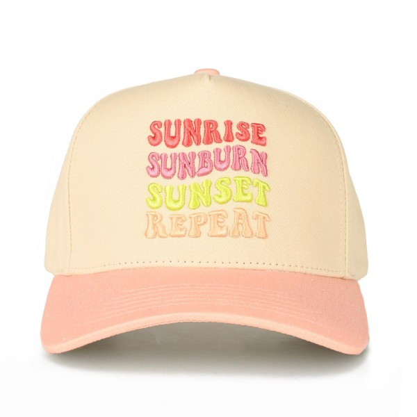 C.C TCM0134
Two Tone Canvas Embroidered "Sunrise Sunburn Sunset Repeat" Baseball Cap

- Snap Back Closure
- One Size Fits Most
- 100% Cotton