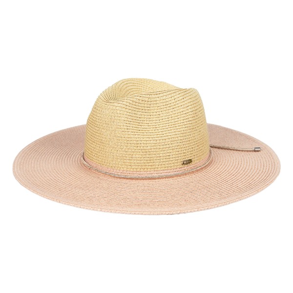 C.C PNH0048
Two Tone Straw Panama Hat With Rhinestone Band 

- One Size Fits Most (Internal Drawstring Adjustable)
- 80% Paper/ 20% Polyester
- Brim Approximately 3.25" L
