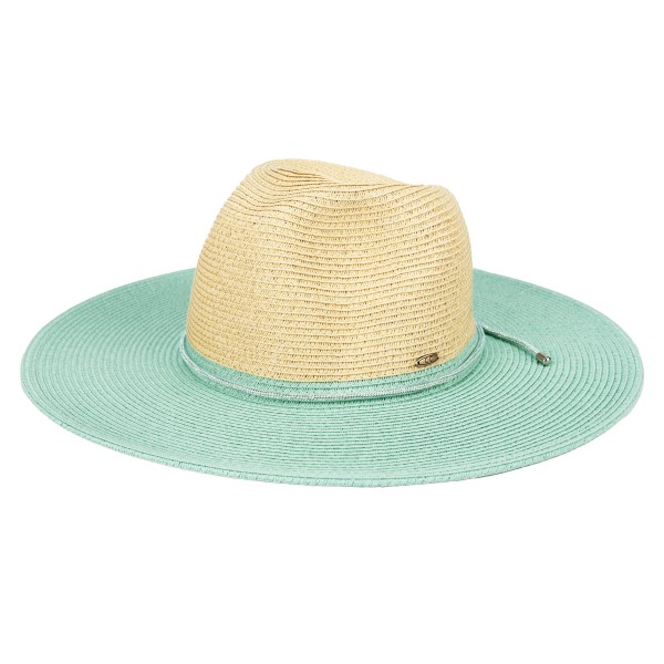 C.C PNH0048
Two Tone Straw Panama Hat With Rhinestone Band 

- One Size Fits Most (Internal Drawstring Adjustable)
- 80% Paper/ 20% Polyester
- Brim Approximately 3.25" L