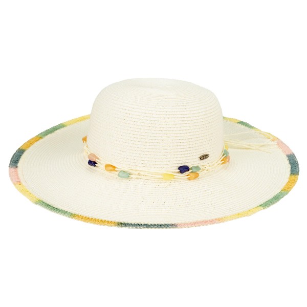 C.C STH0041
Straw Sun Hat With Multi Color Brim Detail & Stone Beaded Band 

- One Size Fits Most (Internal Drawstring Adjustable)
- 80% Paper/ 20% Polyester
- Brim Approximately 3.25" L