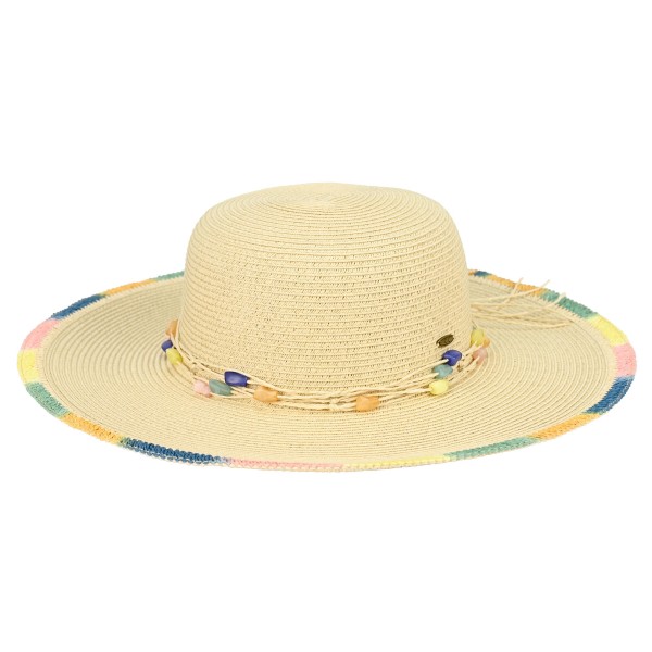 C.C STH0041
Straw Sun Hat With Multi Color Brim Detail & Stone Beaded Band 

- One Size Fits Most (Internal Drawstring Adjustable)
- 80% Paper/ 20% Polyester
- Brim Approximately 3.25" L