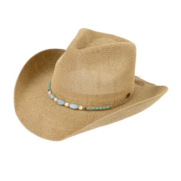 C.C CBC0145
Woven Cowboy Hat With Turquoise Beaded Band 

- One Size Fits Most
- Adjustable Drawstring
- Brim Approximately 3" L
- 60% Paper / 40% Polyester