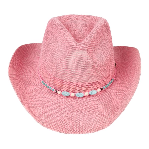 C.C CBC0145
Woven Cowboy Hat With Turquoise Beaded Band 

- One Size Fits Most
- Adjustable Drawstring
- Brim Approximately 3" L
- 60% Paper / 40% Polyester