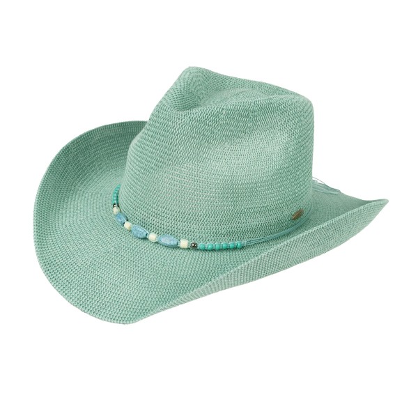 C.C CBC0145
Woven Cowboy Hat With Turquoise Beaded Band 

- One Size Fits Most
- Adjustable Drawstring
- Brim Approximately 3" L
- 60% Paper / 40% Polyester