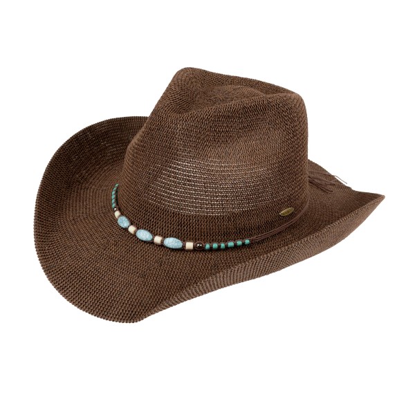 C.C CBC0145
Woven Cowboy Hat With Turquoise Beaded Band 

- One Size Fits Most
- Adjustable Drawstring
- Brim Approximately 3" L
- 60% Paper / 40% Polyester