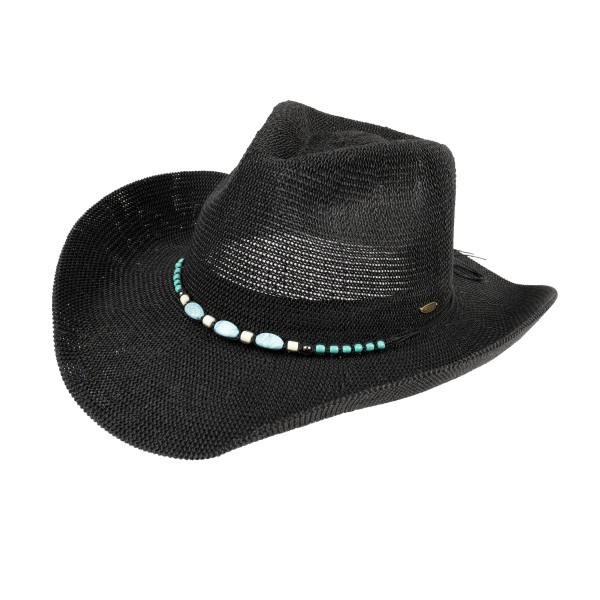 C.C CBC0145
Woven Cowboy Hat With Turquoise Beaded Band 

- One Size Fits Most
- Adjustable Drawstring
- Brim Approximately 3" L
- 60% Paper / 40% Polyester