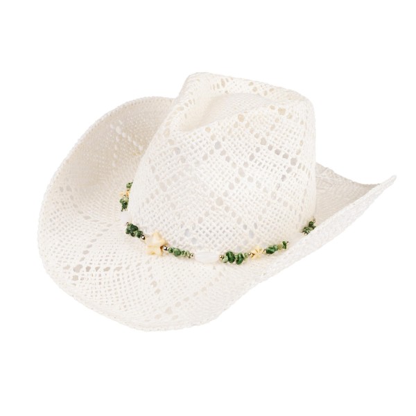 C.C CBC0146
Woven Cowboy Hat With Stone & Star Beaded Band 

- One Size Fits Most
- Adjustable Drawstring
- Brim Approximately 3" L
- 100% Paper 