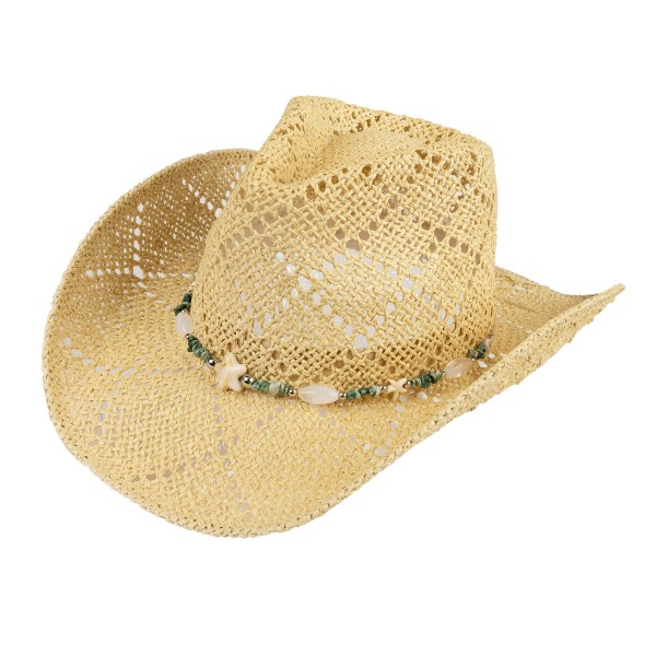 C.C CBC0146
Woven Cowboy Hat With Stone & Star Beaded Band 

- One Size Fits Most
- Adjustable Drawstring
- Brim Approximately 3" L
- 100% Paper 