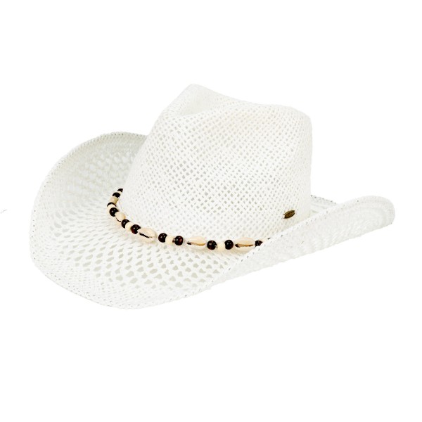 C.C CBC0147
Woven Cowboy Hat With Shell & Wood Beaded Band 

- One Size Fits Most
- Adjustable Drawstring
- Brim Approximately3" L
- 100% Paper