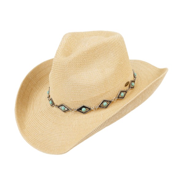 C.C CBC0148
Cowboy Hat With Silver Diamond & Turquoise Band 

- One Size Fits Most (Internal Drawstring Adjustable)
- 60% Paper/ 40% Polyester
- Brim Approximately 3" L