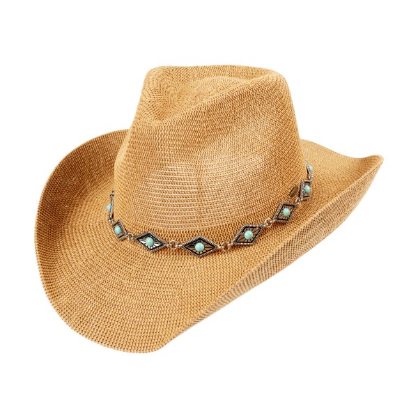 C.C CBC0148
Cowboy Hat With Silver Diamond & Turquoise Band 

- One Size Fits Most (Internal Drawstring Adjustable)
- 60% Paper/ 40% Polyester
- Brim Approximately 3" L